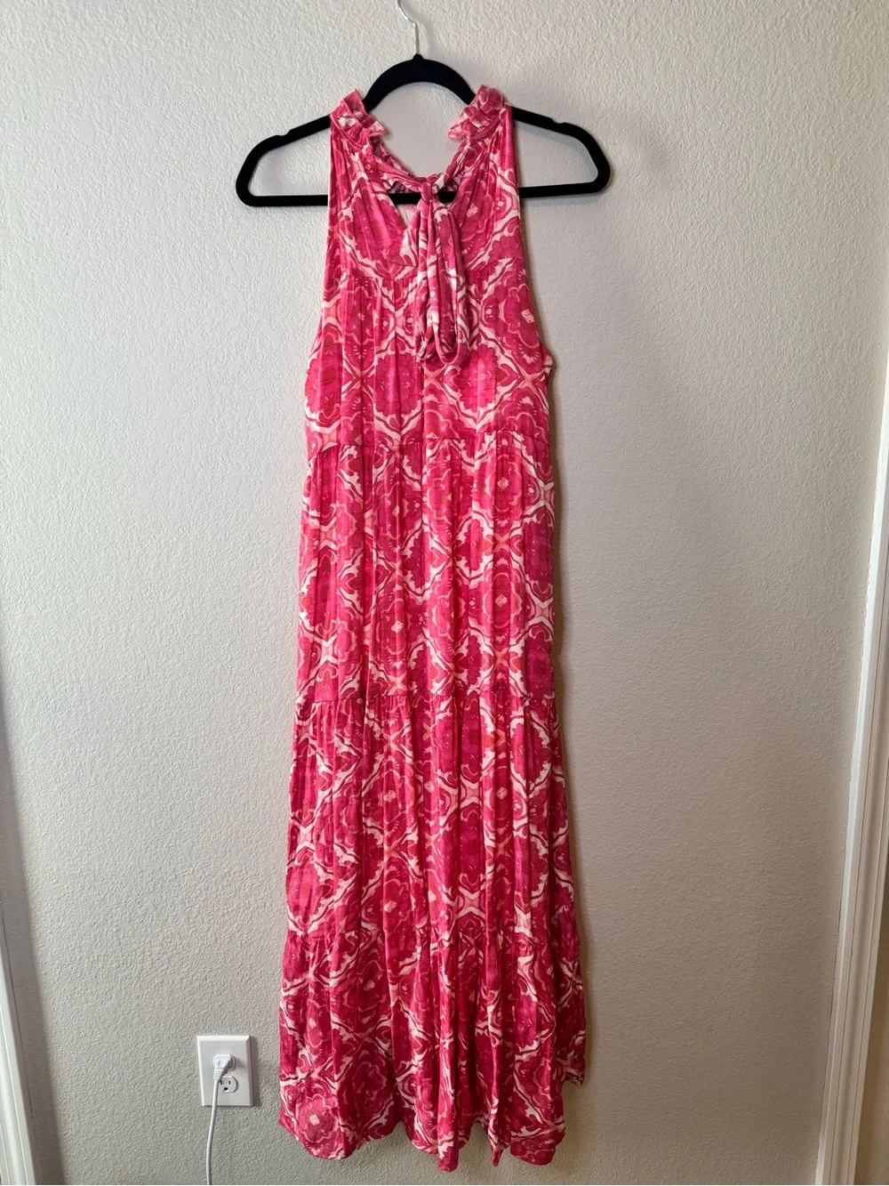 Indigo Soul Pink Floral Boho Tiered Maxi Dress Size Large